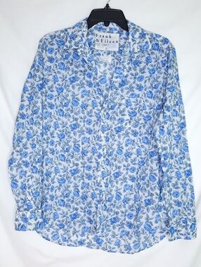 FRANK & EILEEN, The Eileen Blue Roses Print Button Down Women's Shirt LARGE